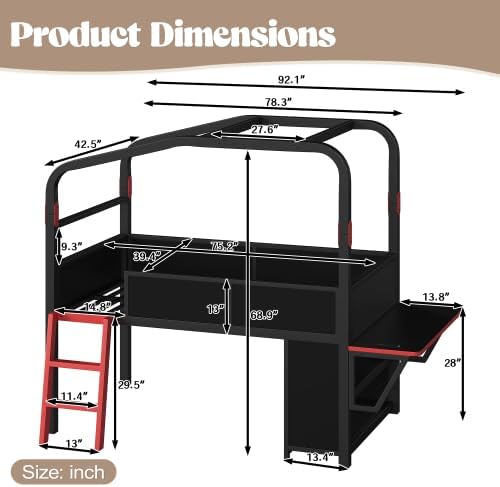 Bellemave Twin Size Gaming Loft Bed with Side Desk, Storage Cabinets & USB Ports, Metal Low Loft Bed Frame with Canopy Design & LED Lights for Kids Teens (Black/Twin) - Image 2