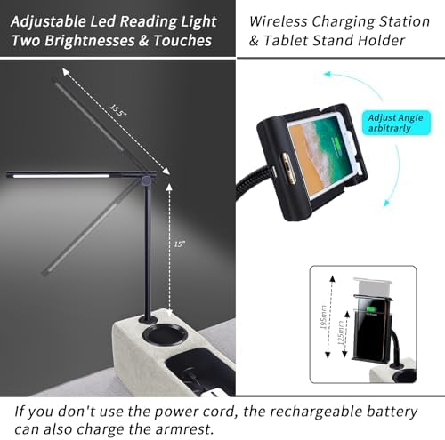 Removable Sofa Armrest with Cup Holder, PU Leather Multifunctional Couch Caddy Storage Arm rest with Power Wireless Charging Stand & LED Reading Light for Sofa Middle Seat Adjustable - Image 4