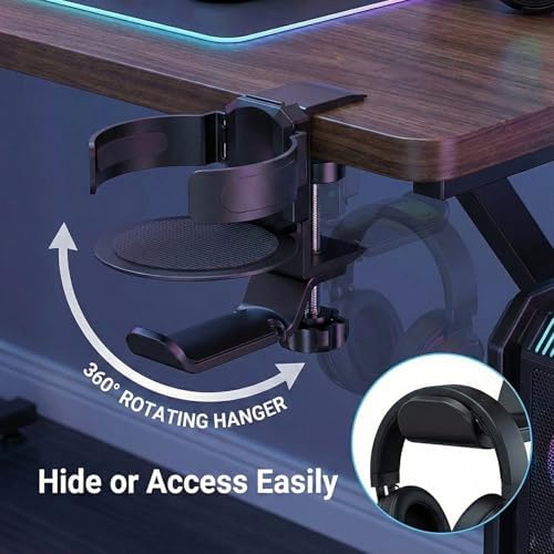 3-in-1 Aluminum Desk Cup Holder & Headphone Hanger, 360° Rotating Clamp - Image 4