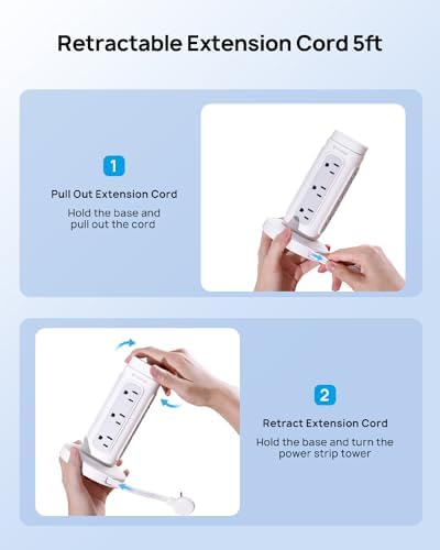 TROND Retractable Power Strip Tower 5 ft for Easy Cable Management, White - Image 3