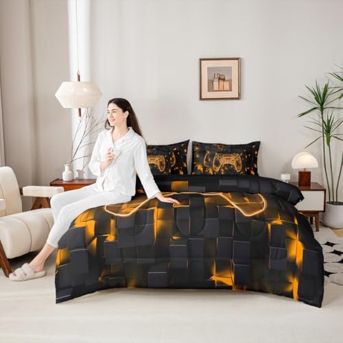 Erosebridal Gaming Bed in A Bag 7 Piece Modern Gamer Queen Bedding Set with Sheets | Video Games Comforter Set for Kids Boys Teens Bedroom, Gamepad Ombre Geometric Bed Sets, Orange - Image 6