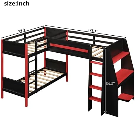 Merax L-Shaped Twin Size Triple Bunk Bed for 3 People, Wood Gaming Loft Bed with Built-in Desk, Shelves, Lights and Full-Length Guardrails, Black+Red - Image 4
