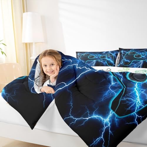 Erosebridal Gaming Queen Comforter Set Gamer Bedding Set, Video Game Consoles Down Comforter Blue Lightning Quilt,Gamer Room Decor for Boys - Image 5