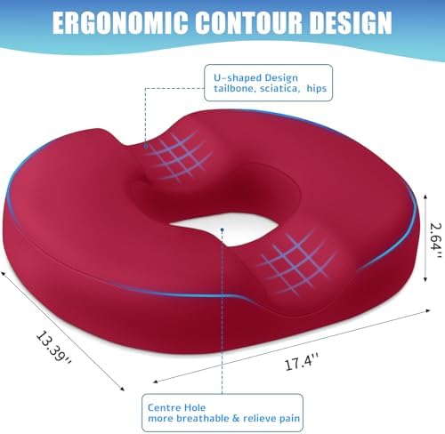 BlissTrends Donut Pillow Seat Cushion, Memory Foam Lifting Cushions | Donut Chair Cushions for Postpartum Pregnancy & Hemorrhoids,Tailbone Pain Relief Cushion for Office&Home Chairs (Red) - Image 2