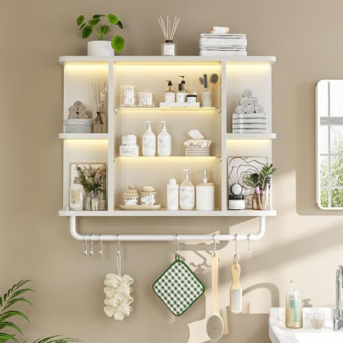 REIBII Floating Shelves with LED Lights, 7-Tier Wood Shelf, Wall Mounted Display Shelves with 8 S-Hooks, Wall Shelf for Kitchen, Bedroom, Bathroom, Office, Plants, White - Image 5