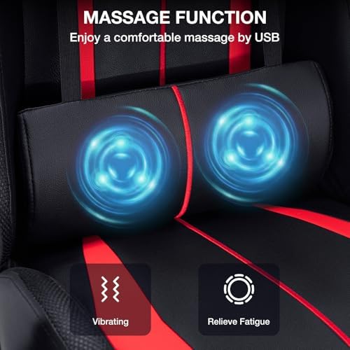 HOFFREE LED Gaming Chair with Massage RGB Lights Computer Game Chair-Red | Ergonomic Reclining Gamer Chair with Footrest High Back Video Game Chair with Adjustable Lumbar Support Linkage Armrest - Image 6