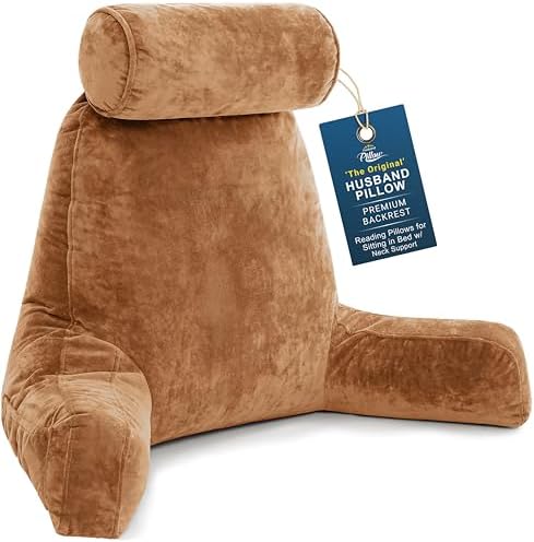 Husband Pillow XXL The Original for Adults - 30" Tall Backrest for Sitting Up in Bed - Firm Support Reading & Bed Rest Pillows for Adults, Neck Roll, Removable Cover - TV - Tan by HusbandPillow