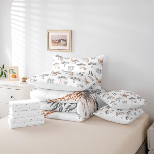 Feelyou Cute Giraffe Comforter Set with Sheets 7 Piece Queen Size Tiger Bedding Set for Kids Boys Girls Deer Bed in a Bag Jungle Animals Room Decor Botanical Tropical Tree Grey Orange - Image 5