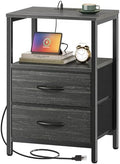 Huuger Nightstand with Charging Station, Side Table with Fabric Drawers by Huuger