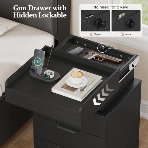 Turosur Night Stand Set 2 with Gun Drawer, LED Nightstand with Charging Station, Wood Bedside Table with 3 Drawers and Hidden Storage for Bedroom, Black - Image 6