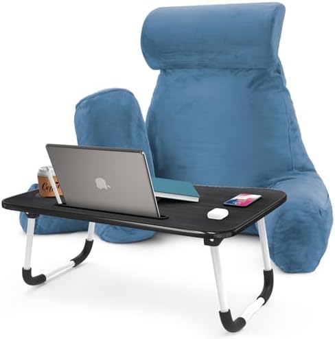 Nestl Reading Pillow with Portable Laptop Lap Desk - Shredded Memory Foam Back Support Pillow for Sitting Up in Bed and Couch Rest Pillows with Arms, Bed Tray Table with Foldable Legs, Blue Heaven by Nestl