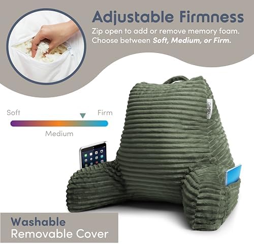 Nestl Reading Pillow with Shredded Memory Foam, Luxe Cut Plush Back Pillow for Sitting Up in Bed, Back and Arms Adjustable Support for Adult & Teens, Backrest Pillows with Washable Cover Olive Green - Image 4