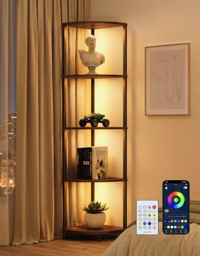 Corner Shelf with LED Light, 5 Tier Smart Color Changing Floor Lamp with Remote, 62" Display Shelf Bookshelf Narrow Storage Rack Standing Lamp for Living Room Bedroom Home Office Decor, Brown by PARTPHONER