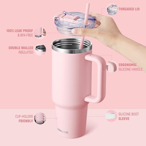 40 oz Tumbler with Handle and Straw Lid,Insulated Reusable Stainless Steel Water Bottle Travel Mug，Cupholder Friendly Double Wall Vacuum Sealed Cup (Pink) - Image 2