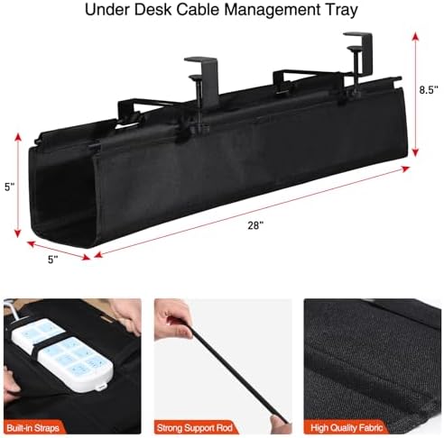 MAXECHO Under Desk Cable Management Tray 28" - Clamp on Wire and Cable Organizer for Storage and to Hide Cords - Ideal for Home Office - Premium Black Fabric Design - Image 2