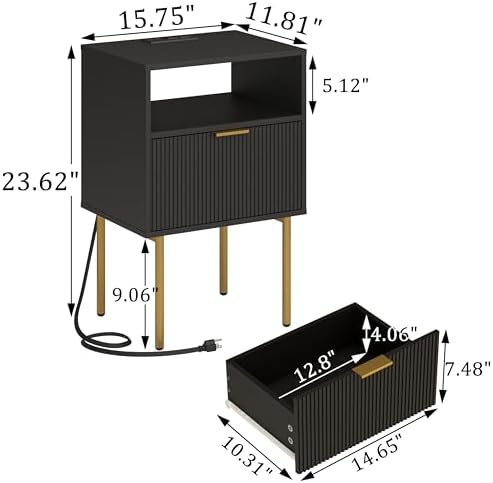 Modern Nightstand with Charging Station and LED Lights, Black Nightstand with Drawer, Fluted Nightstand for Living Room, Bedroom - Image 2