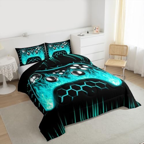 Erosebridal Ombre Art Honeycomb Gamer Bedding Set Teal Neon Lights Game Consoles Twin Bedding Sets for Boys Geometry Hexagon Beehive Down Comforter Gaming Decor for Boys Bedroom Decor - Image 2