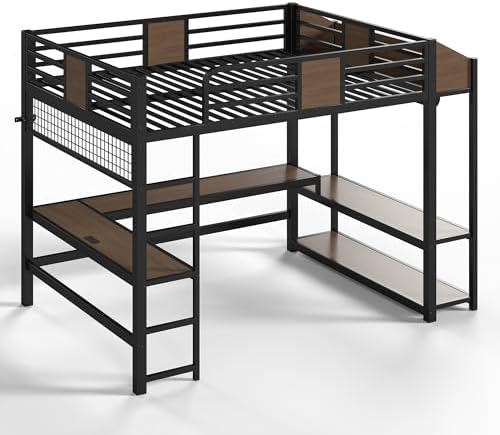 Bellemave Queen Size Metal Loft Bed with L-Shaped Desk, LED Lights & Charging Station, Heavy Duty Loft Bed Frame with Hanging Rod and Storage Shelves for Kids, Teens & Adults, Space Saving,Black - Image 6