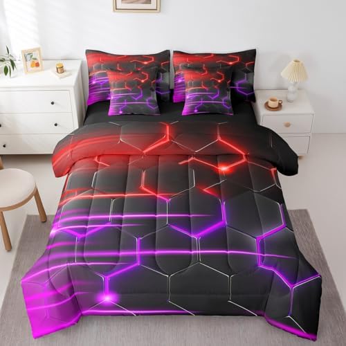 Feelyou Honeycomb Bedding Set Geometrical King Comforter Set with Sheets for Kids Boys Girls Teens Room Decor Modern Hexagon Theme Bed in a Bag 7 Piece Beehive Red Purple Bed Set by Feelyou