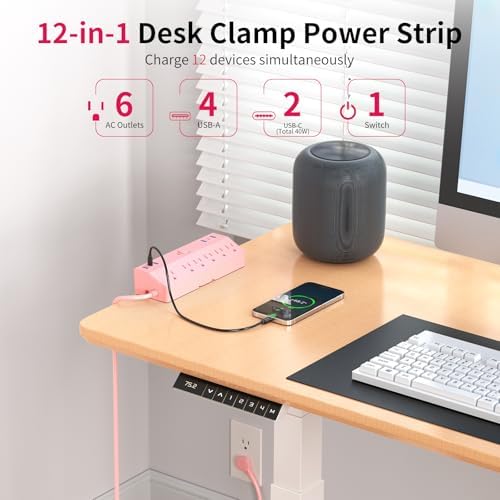 Pink Desk Clamp Power Strip 6FT with 40W USB C Ports, JXGUCAT Flat Plug Desk Mount Power Strip Surge Protector, Removable Extension Cord with 2 USB-C Ports 6 Outlets, Fits 1.8" Tabletop Edge - Image 3