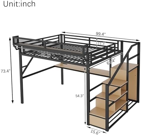 KEIKI Queen Size Metal Loft Bed Frame with Desk, Staircase, Built-in Storage Shelves and Wardrobe, Modern Loft Bed with Solid Slat, Guardrail, No Box Spring Required, Easy Assembly, for Bedroom, Black - Image 2