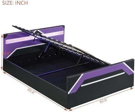 Merax Queen Size Gaming Bed with Built-in 7-Color LED Lighting Headboard, Side-Lift Hydraulic Storage Platform Bed, Cyberpunk Style, No Box Spring Needed, Black+Purple - Image 2
