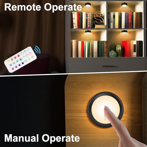 BLS LED Puck Lights with Remote Control, Wireless Under Cabinet & Closet Lighting, RGB 13 Color Changing Lights with Dimmer, Timer & AA Battery Operated, Push, Touch, Stick on for Night, Black, 6 Pack - Image 2