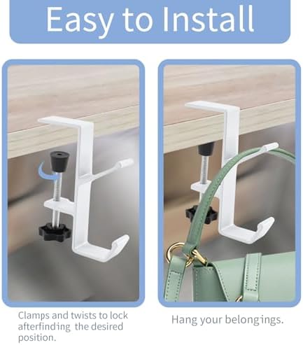 Desk Mount Bag Holder Hook Clamp-On Backpack Hanger Portable Desk Mount Headphones Holder Reduce Desk Clutter for Table Desk, Under Counter (White) - Image 6