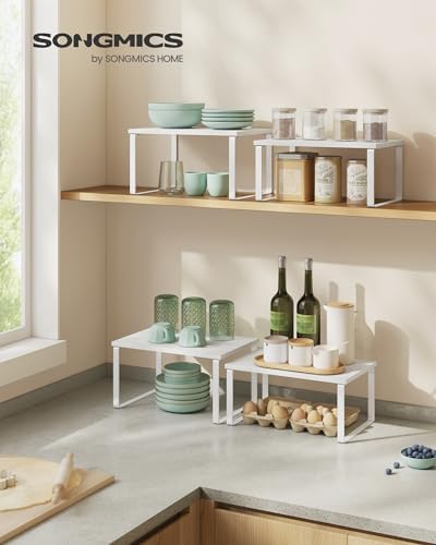 SONGMICS Cabinet Organizer Shelf, Set of 2 Kitchen Counter Shelves, Kitchen Storage, Spice Rack, Stackable, Expandable, Metal and Engineered Wood, Cloud White and Snow White UKCS02W01 (Pack of 2) - Image 2