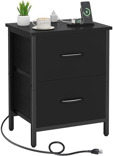 Vagusicc Nightstand with Charging Station, Bedside Table with USB Ports and Outlet, End Table Side Table with 2 Fabric Drawers for Bedroom, Living Room, Black by Vagusicc