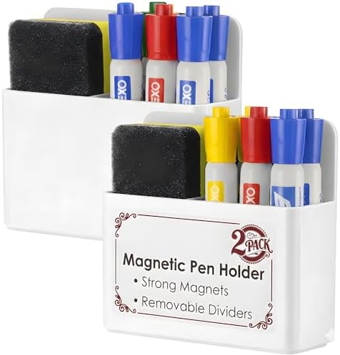 2 Pack Magnetic Pen Holder for Refrigerator & Whiteboard, Full-Back Magnet Dry Erase Marker Holder with Adjustable Divider, Magnetic Marker Holder for White Board Office Desk Locker Accessories, White by EZCozy
