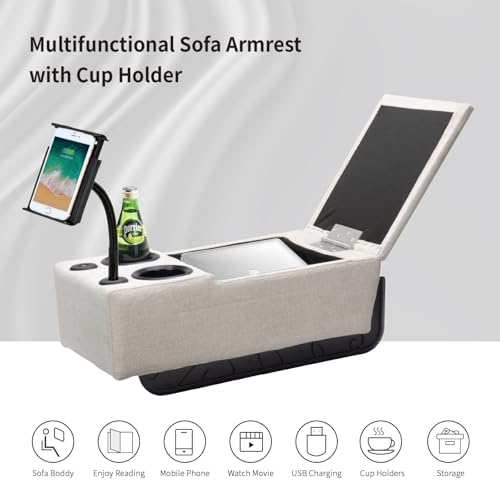 Removable Sofa Armrest with Cup Holder, PU Leather Multifunctional Couch Caddy Storage Arm rest with Power Wireless Charging Stand & LED Reading Light for Sofa Middle Seat Adjustable - Image 5
