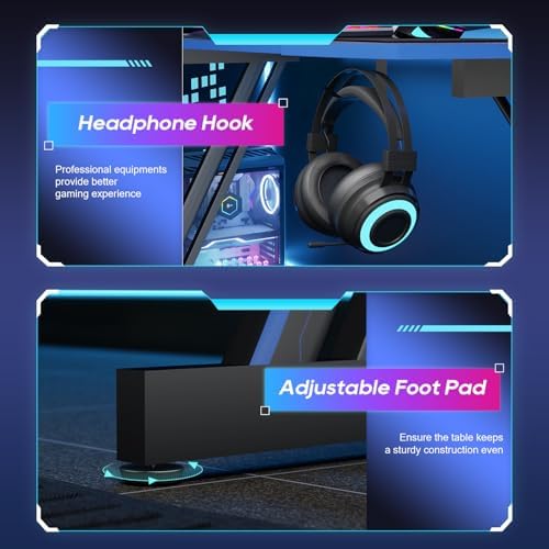 BestOffice Gaming Desk Z Shaped 47 inch PC Computer Desk Computer Workstation Ergonomic Gaming Table with Headphone Hook for Game Players, Black&Blue - Image 5