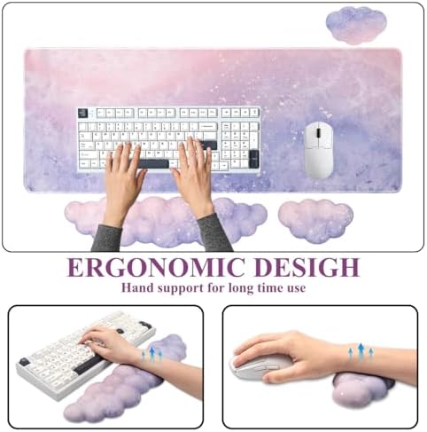 Gaming Desk Mat with Keyboard Wrist Rest Set, 4 in 1 Mouse Pad Set | Purple Large Mouse Pad& Cloud Keyboard Wrist Rest& Mouse Wrist Rest&Coaster, Comfort and Support for Typing and Gaming - Image 2