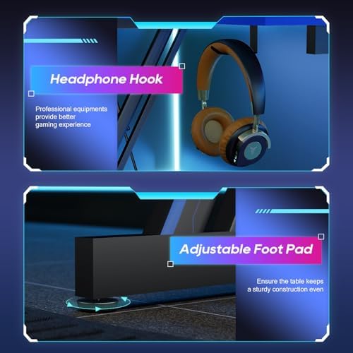 BestOffice 39" Gaming Desk Computer Gaming Desk Z Shaped Gaming Workstation Ergonomic Gaming Table with Headphone Hook for Game Players,Black&Blue - Image 5