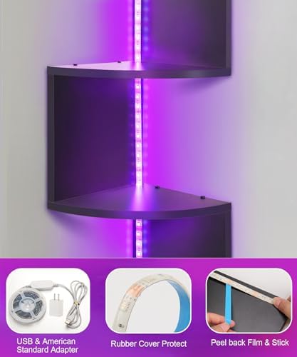 5 Tiers Corner Shelf with RGB LED Lights, 49.2" Wall Mount Floating Corner Display Shelf for Living Room Bedroom Home Office Decor, APP & Remote Control (Black) - Image 3