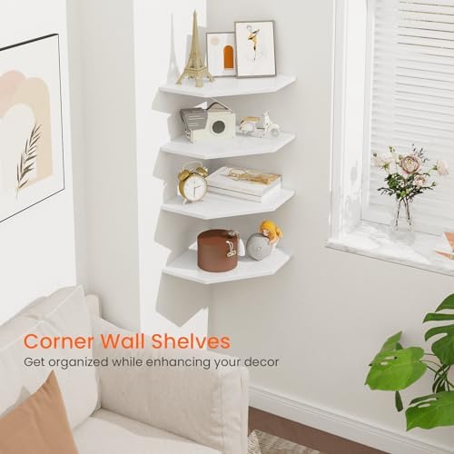 Homode Corner Wall Shelf, Corner Shelf Floating, Set of 4 Wooden Hanging Corner Shelves with Wire Hole for Bathroom Living Room Office, White - Image 4