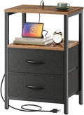 Huuger Nightstand with Charging Station, Side Table with Fabric Drawers by Huuger