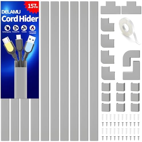 Delamu Grey Cord Hider, 157in Cord Covers for 2-3 Wires on Wall, TV Cable Hider Wall, Wire Covers for Cords on Wall, Cable Raceway Cover Wire Hider Management, TV Cord Hider Wall, W0.95 H0.55in, Grey by DELAMU
