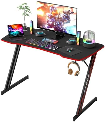BestOffice 39" Gaming Desk Computer Gaming Desk Z Shaped Gaming Workstation Ergonomic Gaming Table with Headphone Hook for Game Players,Black&Red by BestOffice