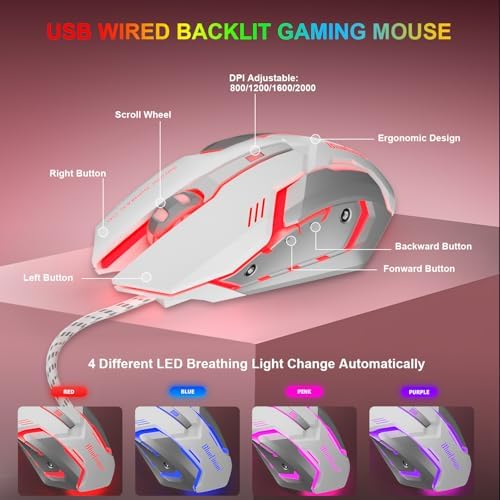 BlueFinger RGB Gaming Keyboard and Backlit Mouse Combo, USB Wired, LED Gaming Set for Laptop PC Computer Game and Work (Pink & White) - Image 5