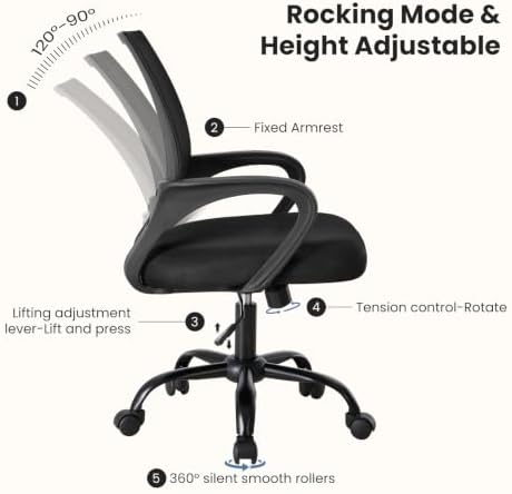 DUMOS Ergonomic Office Chair, Mid-Back Executive Desk Chair 2 Pack | Comfortable Lumbar Support, Breathable Backrest, Fixed Armrest, Height Adjustable, 360° Swivel, Computer Gaming, Black - Image 4