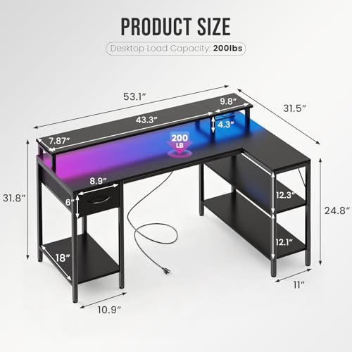 DUMOS 53 Inch Gaming Desk, L Shaped Desk, LED Lights - Image 3