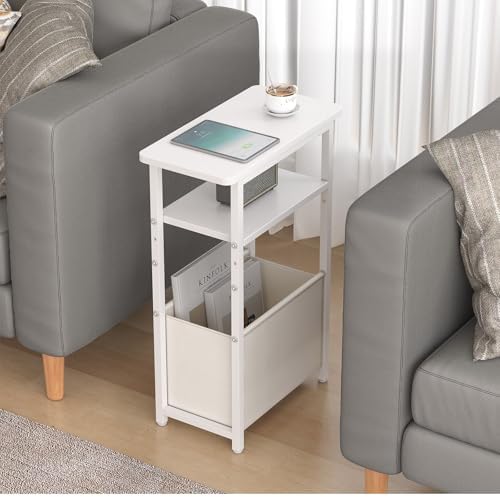 sthmec Narrow Side Table Set of 2, Skinny End Tables with Fabric Basket, Small Side Tables for Small Space,2-Tier Open Shelves with Basket, Slim Nightstands Set 2 for Bedroom,Livinroom,Office,White - Image 2