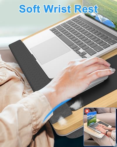 HETTHI Laptop Lap Desk, Portable Large Laptop Desk for Bed, Up to 17 in Lap Table with Wrist Rest, Mouse Pad, Tablet Phone Slot, Portable Handle, Cushion (Light Brown) - Image 3