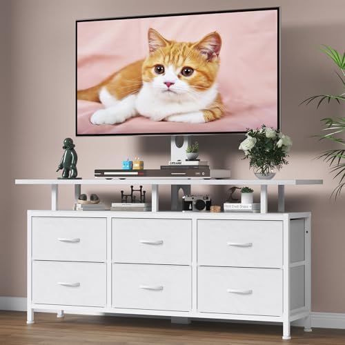White TV Stand with Mount for 32/45/55/60/65/75 inch TVs, Entertainment Center with 6 Fabric Drawers & Open Shelf, TV Media Console for Living Room, Bedroom by DrawXynth
