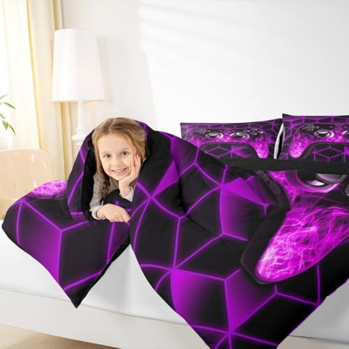 Purple Gaming Comforter Sets for Boys Gamer Gifts,Neon Geometric Toddler Bedding Sets for Boys,3D Geometric Kids Comforter Set Flame Gaming Consoles Decor Boy Bedroom Decor - Image 4