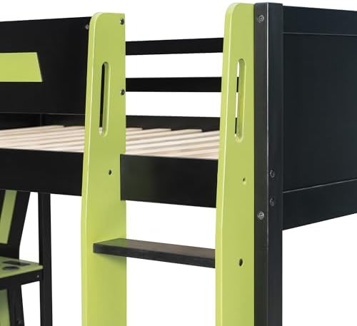 Merax Full Over Full Gaming Bunk Bed Frame with Side-Mounted Oversized Desk, USB Charging Ports & Cable Grommet & Light, Cool Design Heavy-Duty Esports Loft Bed Frame, Green - Image 7