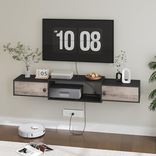 HOOBRO 55" Floating TV Stand with Power Outlets, Modern Wall Mounted Media Console Shelf with Doors, Entertainment Center for Under TV Storage, for Living Room, Bedroom, Greige and Black BG11UDS01 - Image 3