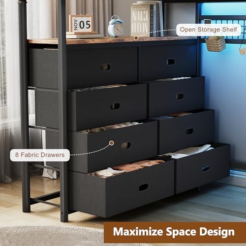 Twin Loft Bed with Desk and 8 Storage Drawers, Metal Loft Bed Twin Size with LED Lights & Charging Station, Bed Frame with Hanging Rod, Safety Guardrail & Ladder, for Kids & Teens (Rustic Brown) - Image 6